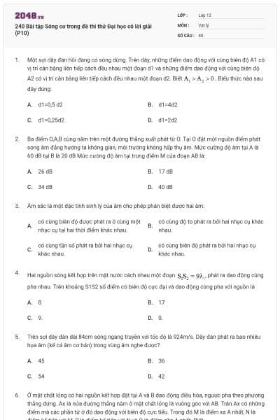 240 Bài tập Sóng cơ trong đề thi thử Đại học có lời giải (P10)