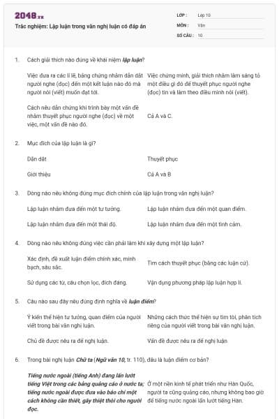 Trắc nghiệm: Lập luận trong văn nghị luận có đáp án