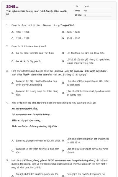 Trắc nghiệm : Nỗi thương mình (trích Truyện Kiều) có đáp án