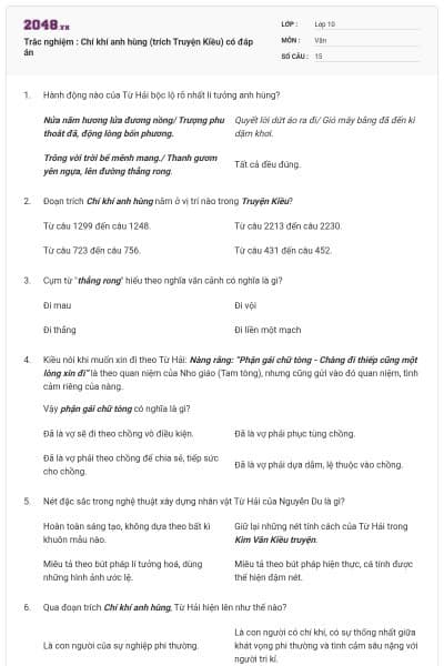 Trắc nghiệm : Chí khí anh hùng (trích Truyện Kiều) có đáp án