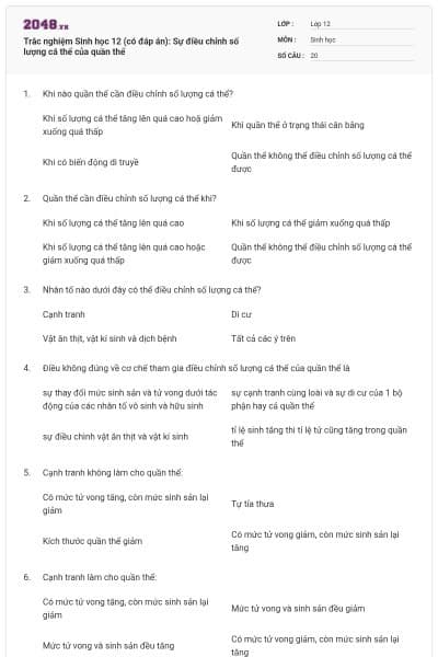 Trắc nghiệm Sinh học 12 (có đáp án): Sự điều chỉnh số lượng cá thể của quần thể