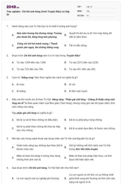 Trắc nghiệm : Chí khí anh hùng (trích Truyện Kiều) có đáp án