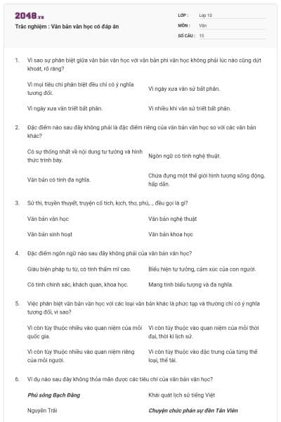 Trắc nghiệm : Văn bản văn học có đáp án