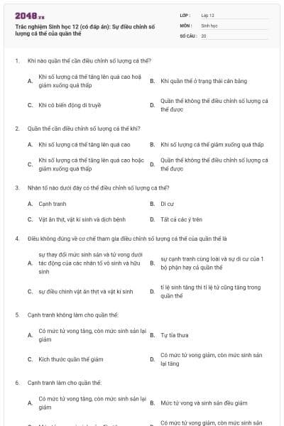 Trắc nghiệm Sinh học 12 (có đáp án): Sự điều chỉnh số lượng cá thể của quần thể