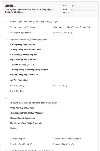 Trắc nghiệm : Thực hành các phép tu từ: Phép điệp và Phép đối có đáp án