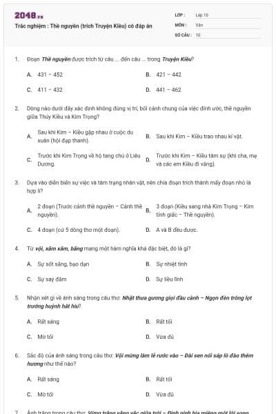 Trắc nghiệm : Thề nguyền (trích Truyện Kiều) có đáp án