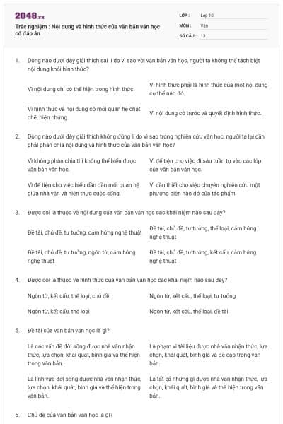 Trắc nghiệm : Nội dung và hình thức của văn bản văn học có đáp án