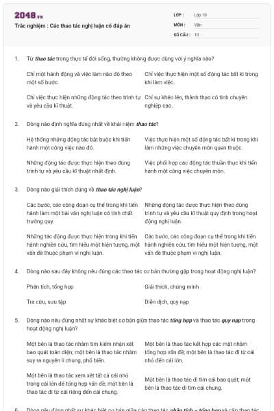 Trắc nghiệm : Các thao tác nghị luận có đáp án