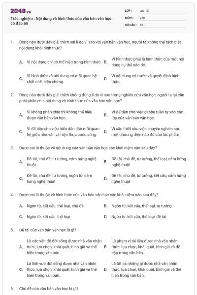 Trắc nghiệm : Nội dung và hình thức của văn bản văn học có đáp án