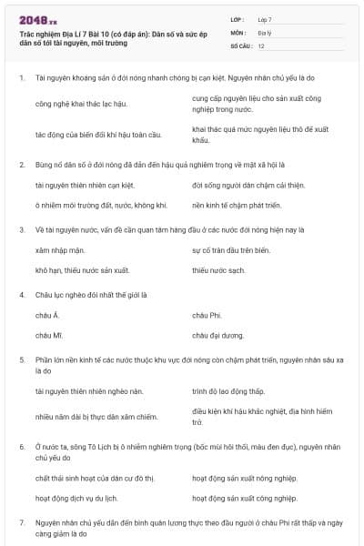Trắc nghiệm Địa Lí 7 Bài 10 (có đáp án): Dân số và sức ép dân số tới tài nguyên, môi trường
