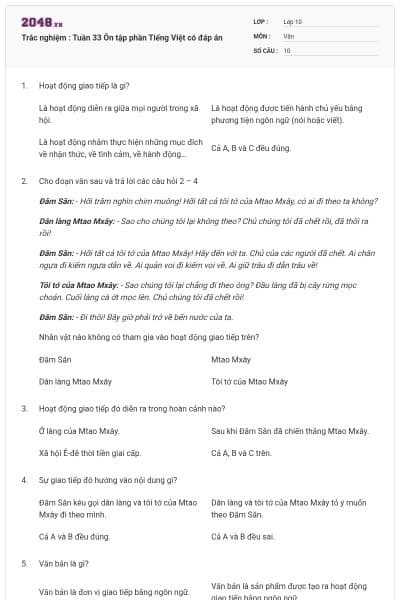 Trắc nghiệm : Tuần 33 Ôn tập phần Tiếng Việt có đáp án