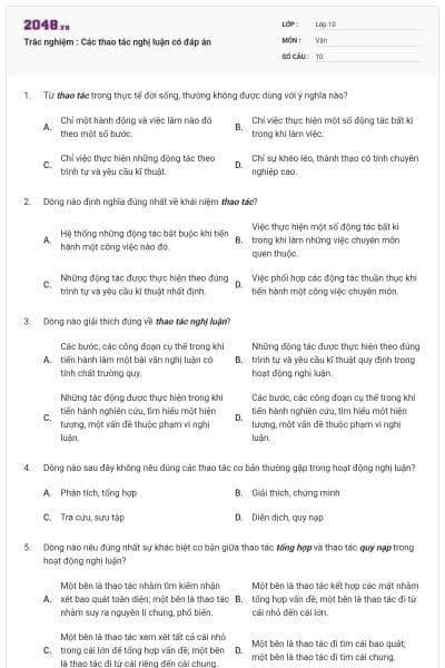 Trắc nghiệm : Các thao tác nghị luận có đáp án