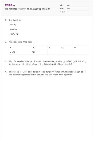 Giải vở bài tập Toán lớp 4 Bài 60. Luyện tập có đáp án