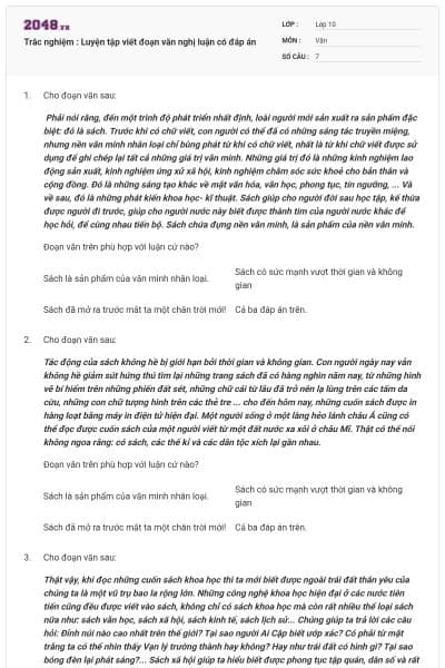 Trắc nghiệm : Luyện tập viết đoạn văn nghị luận có đáp án