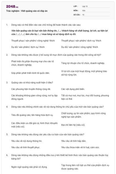 Trắc nghiệm : Viết quảng cáo có đáp án