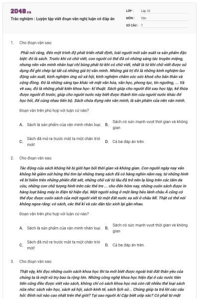 Trắc nghiệm : Luyện tập viết đoạn văn nghị luận có đáp án
