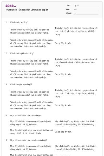 Trắc nghiệm : Ôn tập phần Làm văn có đáp án