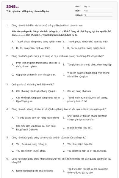 Trắc nghiệm : Viết quảng cáo có đáp án