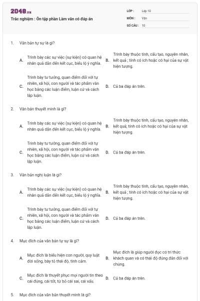 Trắc nghiệm : Ôn tập phần Làm văn có đáp án