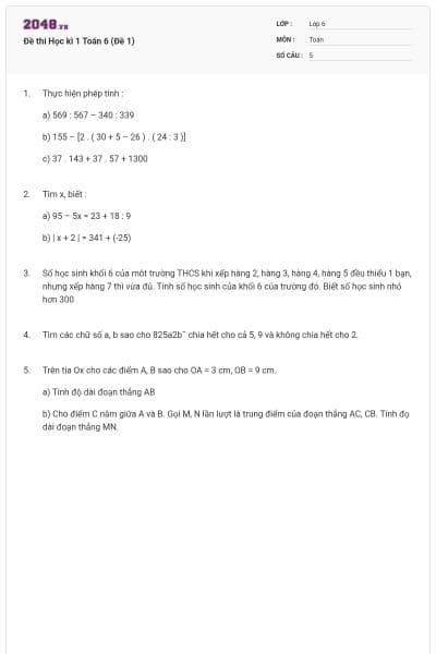 Đề thi Học kì 1 Toán 6 (Đề 1)