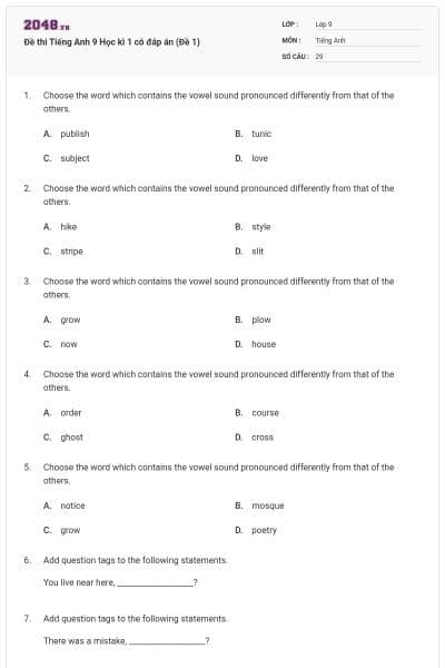 Đề thi Tiếng Anh 9 Học kì 1 có đáp án (Đề 1)