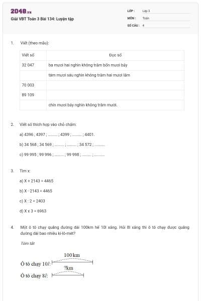 Giải VBT Toán 3 Bài 134: Luyện tập