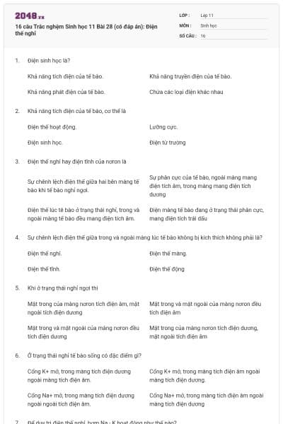 16 câu  Trắc nghệm Sinh học 11 Bài 28 (có đáp án): Điện thế nghỉ