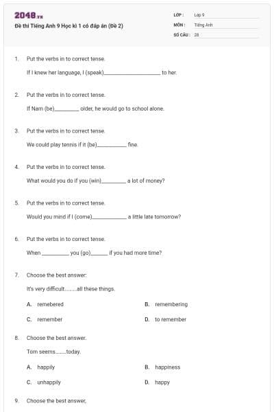 Đề thi Tiếng Anh 9 Học kì 1 có đáp án (Đề 2)