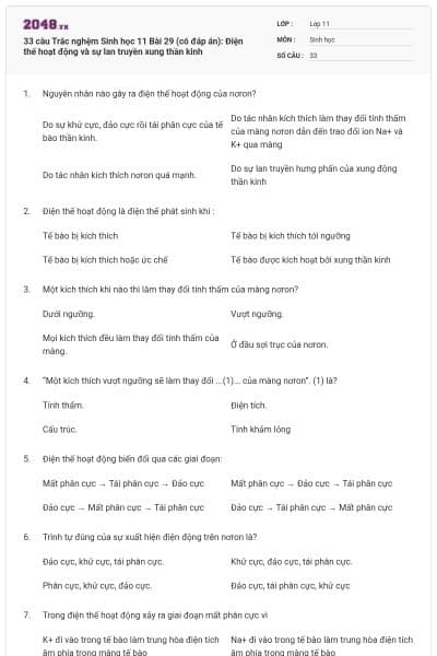 33 câu  Trắc nghệm Sinh học 11 Bài 29 (có đáp án): Điện thế hoạt động và sự lan truyền xung thần kinh
