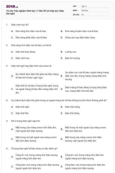 16 câu  Trắc nghệm Sinh học 11 Bài 28 (có đáp án): Điện thế nghỉ