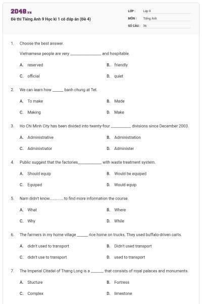 Đề thi Tiếng Anh 9 Học kì 1 có đáp án (Đề 4)