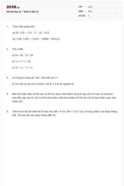 Đề thi Học kì 1 Toán 6 (Đề 3)