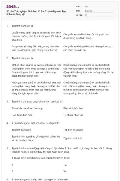50 câu Trắc nghệm Sinh học 11 Bài 31 (có đáp án): Tập tính của động vật