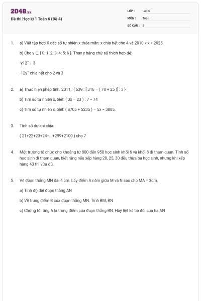 Đề thi Học kì 1 Toán 6 (Đề 4)