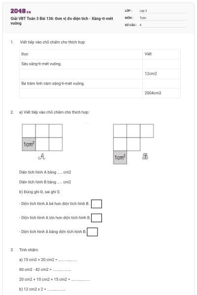 Giải VBT Toán 3 Bài 136: Đơn vị đo diện tích - Xăng-ti-mét vuông