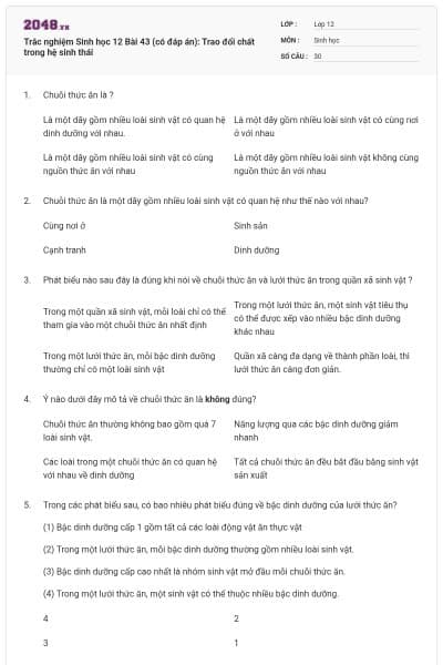 Trắc nghiệm Sinh học 12 Bài 43 (có đáp án): Trao đổi chất trong hệ sinh thái