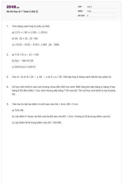 Đề thi Học kì 1 Toán 6 (Đề 5)