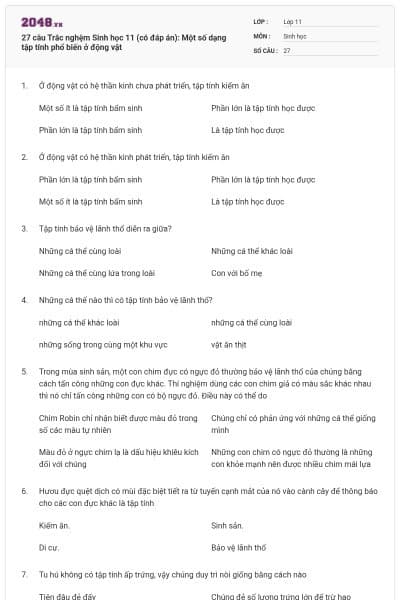 27 câu  Trắc nghệm Sinh học 11 (có đáp án): Một số dạng tập tính phổ biến ở động vật