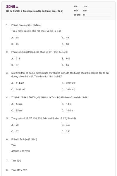 Đề thi Cuối kì 2 Toán lớp 4 có đáp án (nâng cao - Đề 2)