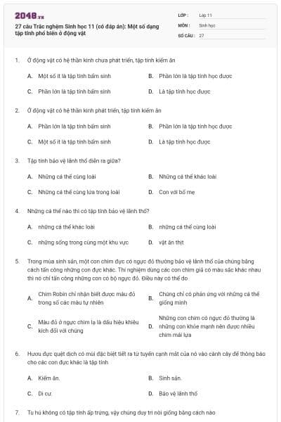 27 câu  Trắc nghệm Sinh học 11 (có đáp án): Một số dạng tập tính phổ biến ở động vật