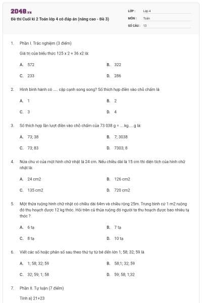 Đề thi Cuối kì 2 Toán lớp 4 có đáp án (nâng cao - Đề 3)