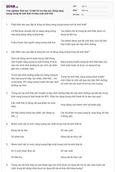 Trắc nghiệm Sinh học 12 Bài 45 (có đáp án): Dòng năng lượng trong hệ sinh thái và hiệu suất sinh thái