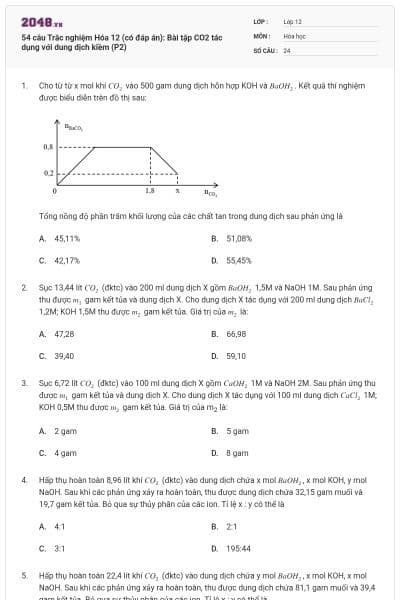 54 câu Trắc nghiệm Hóa 12 (có đáp án): Bài tập CO2 tác dụng với dung dịch kiềm (P2)