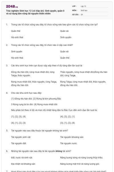 Trắc nghiệm Sinh học 12 (có đáp án): Sinh quyển, quản lí và sử dụng bền vững tài nguyễn thiên nhiên