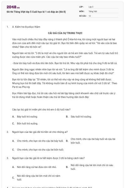 Đề thi Tiếng Việt lớp 5 Cuối học kì 1 có đáp án (Đề 8)