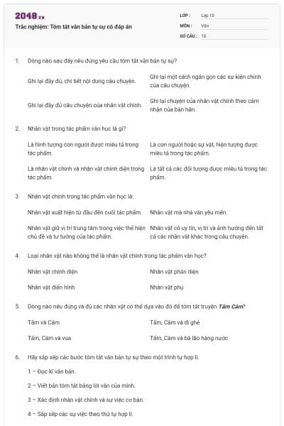 Trắc nghiệm: Tóm tắt văn bản tự sự có đáp án