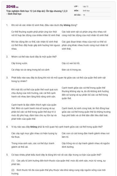 Trắc nghiệm Sinh học 12 (có đáp án): Ôn tập chương 1,2,3 - Sinh thái học