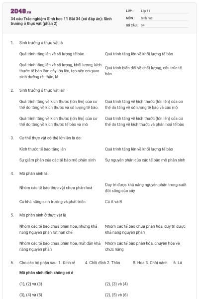 34 câu Trắc nghiệm SInh hoc 11 Bài 34 (có đáp án): Sinh trưởng ở thực vật (phần 2)