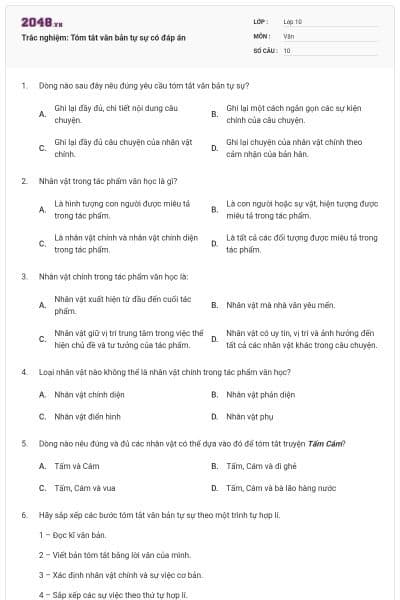 Trắc nghiệm: Tóm tắt văn bản tự sự có đáp án