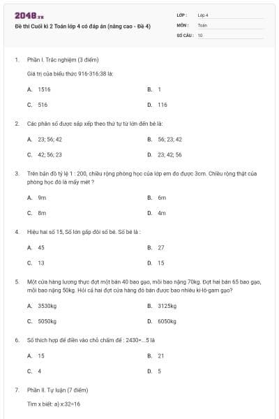 Đề thi Cuối kì 2 Toán lớp 4 có đáp án (nâng cao - Đề 4)